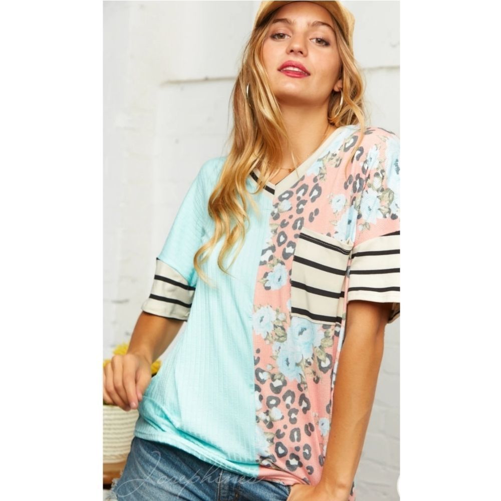 Mint V-Neck Stripe Floral Color Block Top